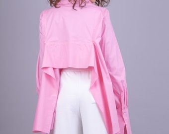 Extravagant Blouse/Pink Women's Shirt/Asymmetrical Shirt/Open Back Top/Oversized Casual Top/Handmade Shirt/Long Sleeve Blouse/AE148