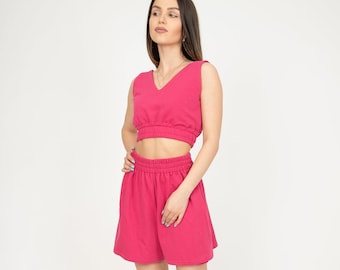 Handmade Cotton Biker Shorts, Pink Knee Length Skort