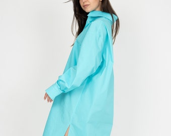 Cotton Shirt Dress/Casual Dress Shirt/Maxi Shirt Dress/Loose Shirt Dress/Oversized Blue Shirt/Summer Shirt Dress/Oversized Shirt/AE375