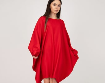 Red Crepe Midi Dress: Flowy Cocktail Evening Dress