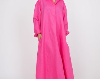 Long Linen Shirt Dress/Minimalist Linen Dress with Pockets/Loose Fit Spring and Summer Dress/Linen Kaftan/Custom Size Available/AE337