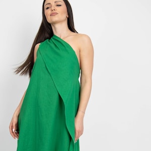 Flax Dress/Linen One Shoulder Dress/Linen Caftan/Kaftan Maxi Dress/Flax Clothing/Linen Maxi Dress/Summer Kaftan Dress/Green Dress/AE421