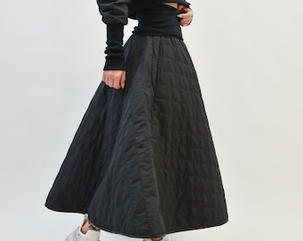 Black Quilted Maxi Skirt/Everyday Maxi Skirt/Long Black Skirt/Black Handmade Skirt/Long Wide Skirt/A-Line Maxi Skirt/Soft Maxi Skirt/AE130