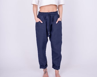 Drop Crotch Linen Pants/Blue Linen Pants/Linen Harem Pants/Drop Crotch Pants/Navy Pants/Loose Pants/Loose Linen Trousers/Casual Pants/AE196