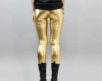 Gold Stretch Pants/Metallic Gold Leggings/Disco Leggings/Handmade Leggings/Gold Skinny Pants/Extravagant Gold Pants/Sparkly Leggings/AE140