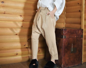 Casual Linen Pants/Cargo Pants Women/Harem Pants/Drop Crotch Pants/Beige Pants/Linen Loose Pants/Loose Linen Trousers/Sustainable/AE181