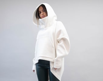 White Cowl Neck Sweatshirt/Asymmetrical Hem Top/Oversized Loose Sweater/White Hoodie/Cozy Blouse/White Oversized Sweatshirt/White Top/AE120