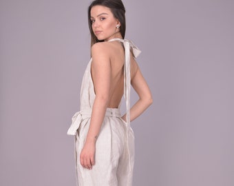 Open Back Linen Jumpsuit/Flax Overalls/Loose Fit Romper/Wrap Bridesmaid Romper/Sexy Jumpsuit/Linen Overalls/Linen Overalls Women/AE208