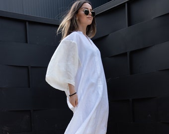 Handmade Asymmetric Linen Tunic/Large Linen Dress/Wide Tunic/Wide Linen Dress/Low Slit Linen Tunic/Sustainable Fashion/European Linen/AE171