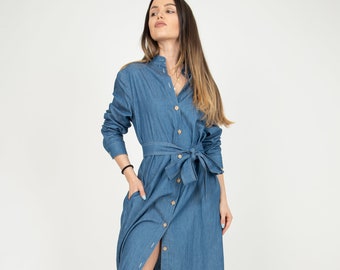 Women's Denim Dress/Denim Dress Shirt/Blue Maxi Dress/Shirt Maxi Dress/Bohemian Dress/Long Shirt Dress/Cotton Summer Dress/Denim Dress/AE280