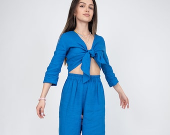 Linen Kimono Suit: Crop Top and Wide Leg Pants