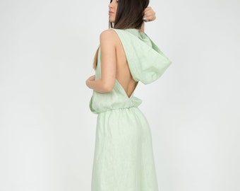 Hooded Linen Maxi Dress, Open Back Summer Kaftan