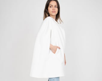 Wool Cashmere Blend Cape Coat, Midi Length Fashion Jacket