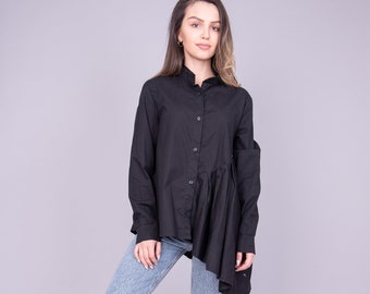 Black Asymmetrical Shirt/Custom Made Women's Shirt/Asymmetric Length Shirt/Black Women's Blouse/Elegant Party Blouse/Gift For Her/AE215