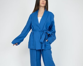 Royal Blue Linen Set/Linen Blouse with Pants/Women's Suit/Linen Two Piece Set/Kimono Suit/Linen suit/Linen Summer Set/Linen Suit Women/AE297