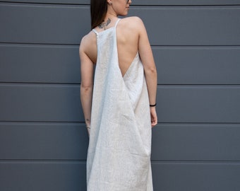 Kaftan Maxi Dress/Linen Caftan/Linen Maxi Dress/Flax Dress/Loose Linen Dress/Full Length Dress/Beach Kaftan/Linen Robe/Open Back Dress/AE235