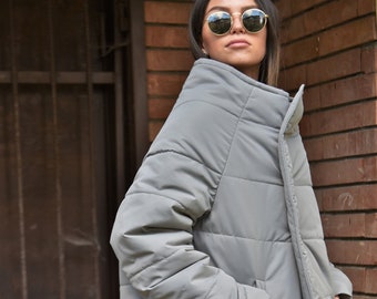 Handmade Gray Quilted Puffer Jacket, Oversized Collar AE207