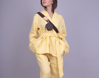 Palazzo Suit/Linen suit/Linen Blouse with Pants/Women's Suit/Casual Linen Blouse/Flax Clothing/European Linen/Loose Kimono and Pants/AE162