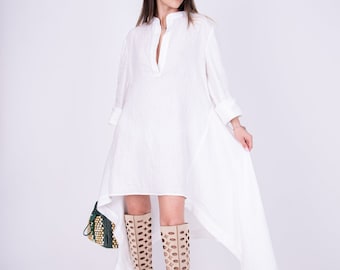 Handmade Linen Tunic/White Asymmetrical Linen Top/Linen Dress/White Linen Shirt/Casual Linen Blouse/Oversized Blouse/White Plaid Tunic/AE192
