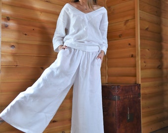 Wide Leg Linen Pants/Linen Palazzo Pants/Handmade Linen Trousers/Linen Cropped Pants/Linen Culottes Pants/Wide Leg Trousers/AE184