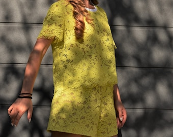 Yellow Lace Top and Shorts Set - Elegant Women's Outfit AE265
