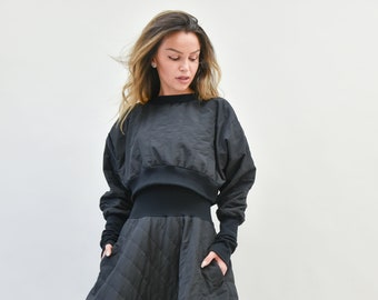 Quilted Top/Black Oversized Blouse/Oversized Sleeve Crop Top/Quilted Blouse/Handmade Top/Extravagant Tunic/Asymmetric Blouse/Hoodie/AE129