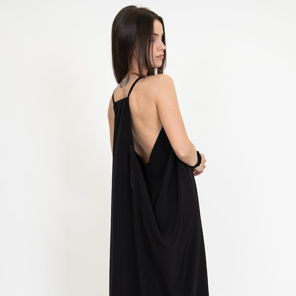 Black Midi Dress: Open Back Kaftan, Boho Summer Style
