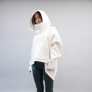 White Cowl Neck Sweatshirt/Asymmetrical Hem Top/Oversized Loose Sweater/White Hoodie/Cozy Blouse/White Oversized Sweatshirt/White Top/AE120