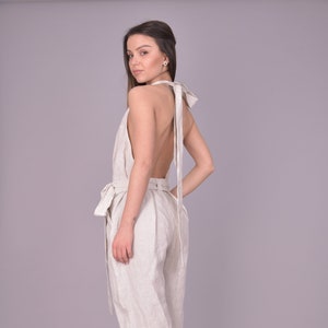 Open Back Linen Jumpsuit/Flax Overalls/Loose Fit Romper/Wrap Bridesmaid Romper/Sexy Jumpsuit/Linen Overalls/Linen Overalls Women/AE208