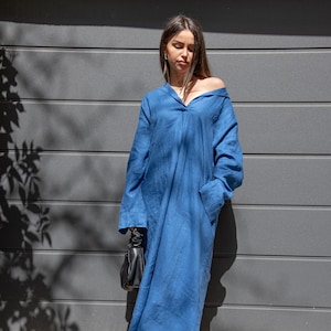 Linen Robe Dress/Linen Shirt Dress/Linen Kaftan/Flax Dress/Kaftan Maxi Dress/Loose Linen Dress/Linen Maxi Dress/Summer Kaftan Dress/AE311