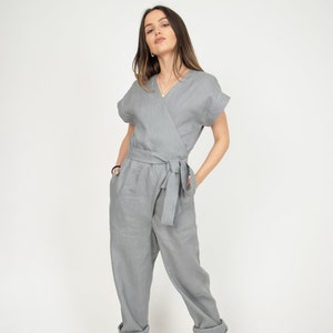 Linen Overalls Women/Belted Jumpsuit/Linen Romper/Linen Overalls/Linen Jumpsuit/Loose Jumpsuit/Gray Linen Romper/Linen Jumpsuit Women/AE273