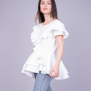 Handmade Designer Top/Ruffled Detailing Blouse/White Tunic/Asymmetric Blouse/Stylish Blouse/Casual Short Sleeves Top/Extravagant Top/AE216