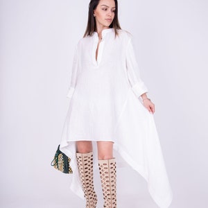 Handmade Linen Tunic/White Asymmetrical Linen Top/Linen Dress/White Linen Shirt/Casual Linen Blouse/Oversized Blouse/White Plaid Tunic/AE192