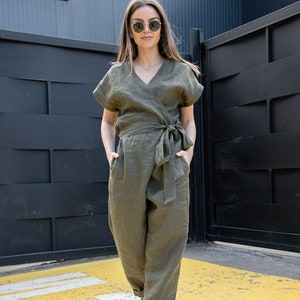 Linen Overalls/Linen Jumpsuit/Linen Romper/Loose Jumpsuit/Linen Overalls Women/Green Linen Romper/Linen Jumpsuit Women/Belted Jumpsuit/AE164