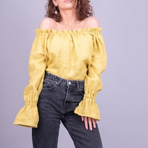 Yellow Linen Top/Off Shoulder Linen Blouse/Loose Linen Tunic/Linen Shirt/Ruffled Linen Blouse/Feminine Shirt/Linen Top/AE152