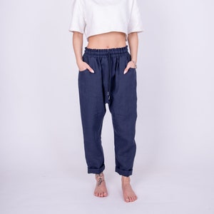 Drop Crotch Linen Pants/Blue Linen Pants/Linen Harem Pants/Drop Crotch Pants/Navy Pants/Loose Pants/Loose Linen Trousers/Casual Pants/AE196