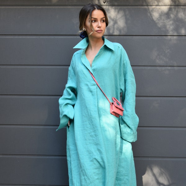 Flax Dress/Linen Shirt Dress/Linen Caftan/Kaftan Maxi Dress/Flax Clothing/Loose Linen Dress/Linen Maxi Dress/Summer Kaftan Dress/AE232