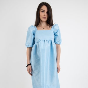 Taffeta Dress/Cute Maxi Dress/Oversized Dress/Blue Party Dress/Cute Prom Dress/Dress With a Bow/Buffon Sleeves Dress/Balloon Dress/AE406