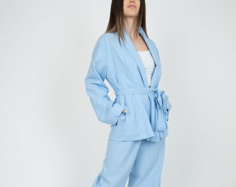 Blue Linen Kimono Suit: Women's Blouse and Pants Set AE302