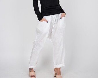 Linen Harem Pants, Drop Crotch Ankle Trousers/AE341
