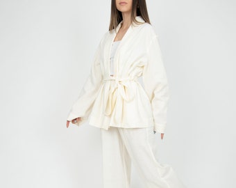 Linen Kimono Suit: Women's Summer Two Piece Set, Belted Blouse & Pants/AE291