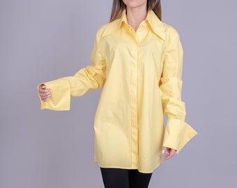 Extravagant Blouse/Yellow Women&#39;s Shirt/Shirt with Large Cuffs/Cotton Top/Oversized Casual Top/Handmade Shirt/Long Sleeve Blouse/AE209