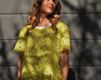 Handmade Women's Blouse/Formal Blouse/Lace Blouse/Yellow Top/Feminine Lace Blouse/Lace Top/Lace Blouse/Floral Blouse/Yellow Lace TopAE143