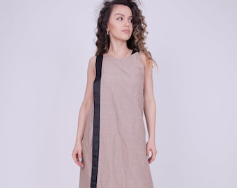 Linen Midi Dress, Sleeveless Open Back Pinafore/AE252