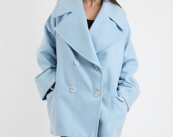 Blue Wool Coat/Fashion Jacket/Blazer Coat/Wool Cashmere Coat/Warm Coat/Overcoat/Winter Warm Coat/Women Coat/Slow Fashion/Cashmere Coat/AE362