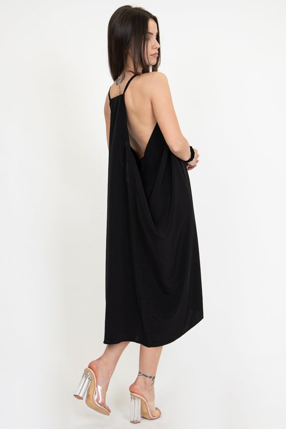 Black Midi Dress: Open Back Kaftan, Boho Summer Style - Etsy