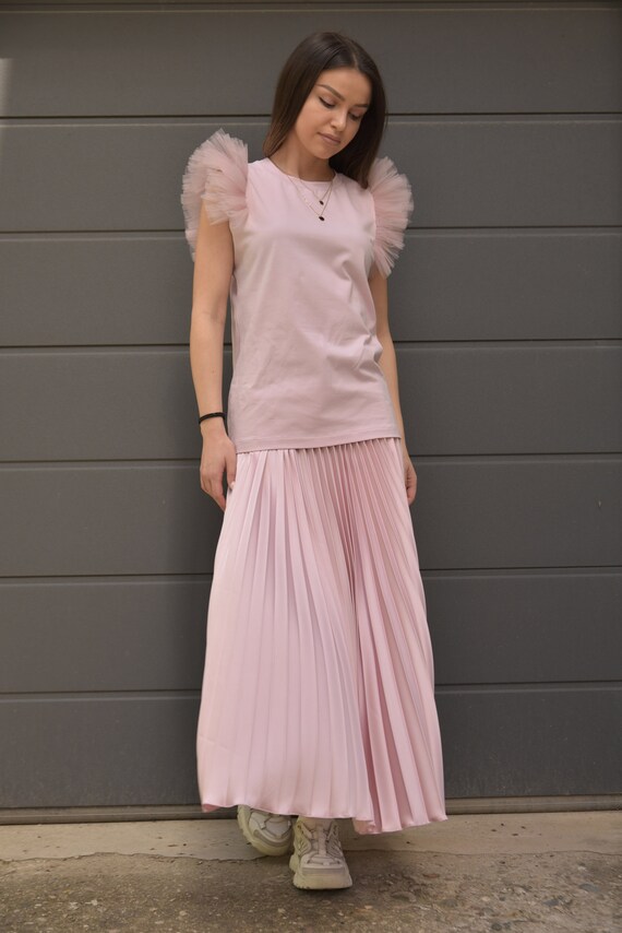 Pink Cotton Blouse with Tulle Ruffle Sleeves/AE234