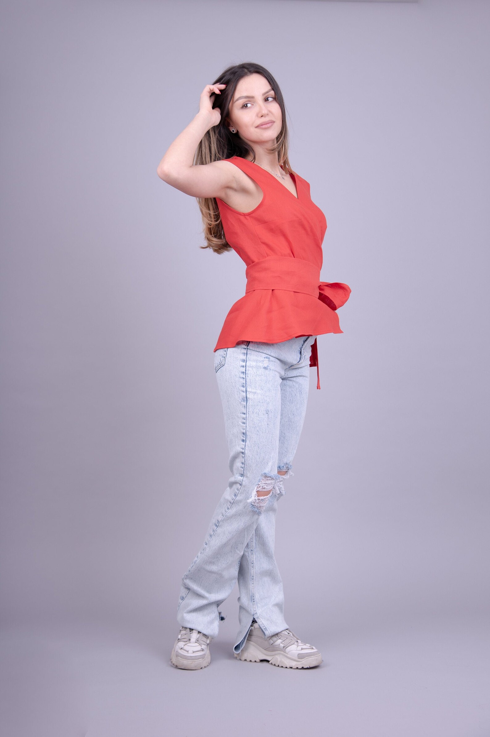 Linen Wrap Top - Structured Wrap Linen Top with Tie Waist main image 1