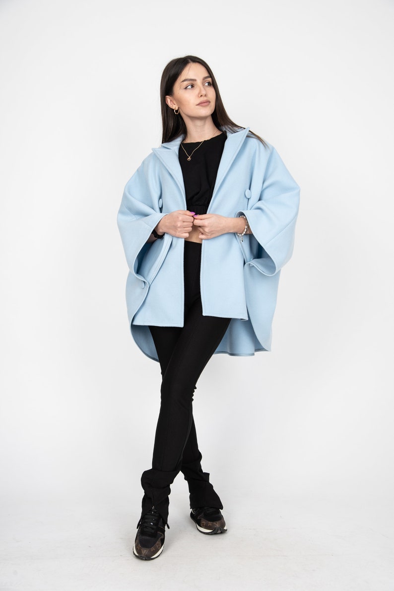 Blue Wool Coat/Fashion Jacket/Cape Coat/Windproof Jacket/Warm Coat/Plus Coat/Wool Cape Coat/Winter Cape Coat/Vintage Coat/Slow Fashion/AE362 image 5