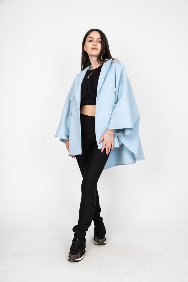 Blue Wool Coat/Fashion Jacket/Cape Coat/Windproof Jacket/Warm Coat/Plus Coat/Wool Cape Coat/Winter Cape Coat/Vintage Coat/Slow Fashion/AE362 image 7